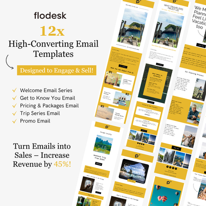 Flodesk email templates with various designs on a white background