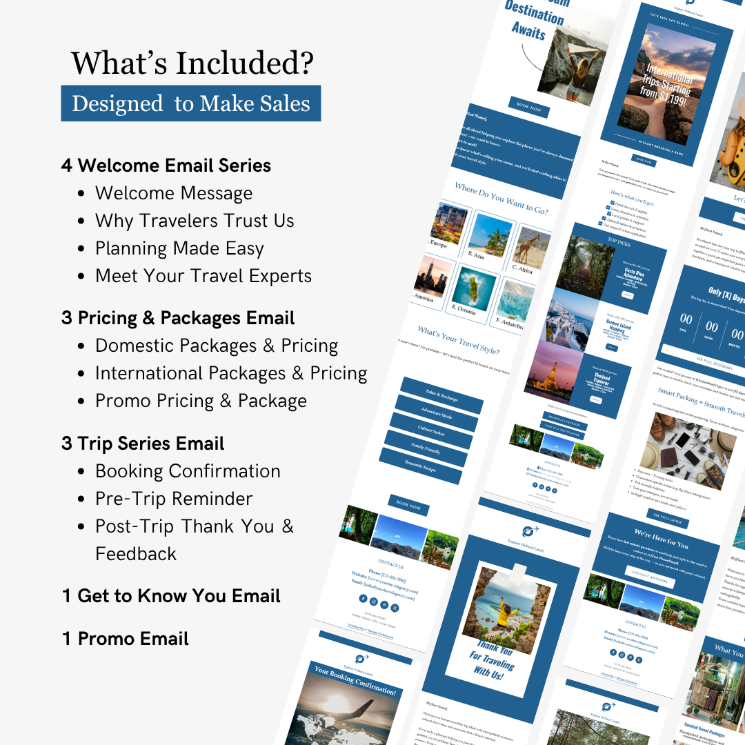 List of email series included in a travel package with corresponding images on a white background.