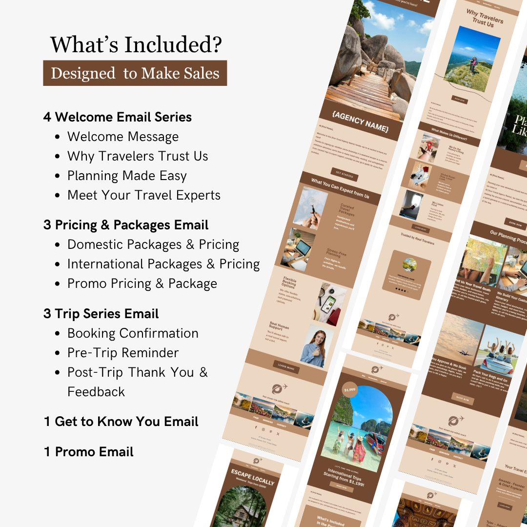 Email marketing campaign for a travel agency with various email templates displayed.