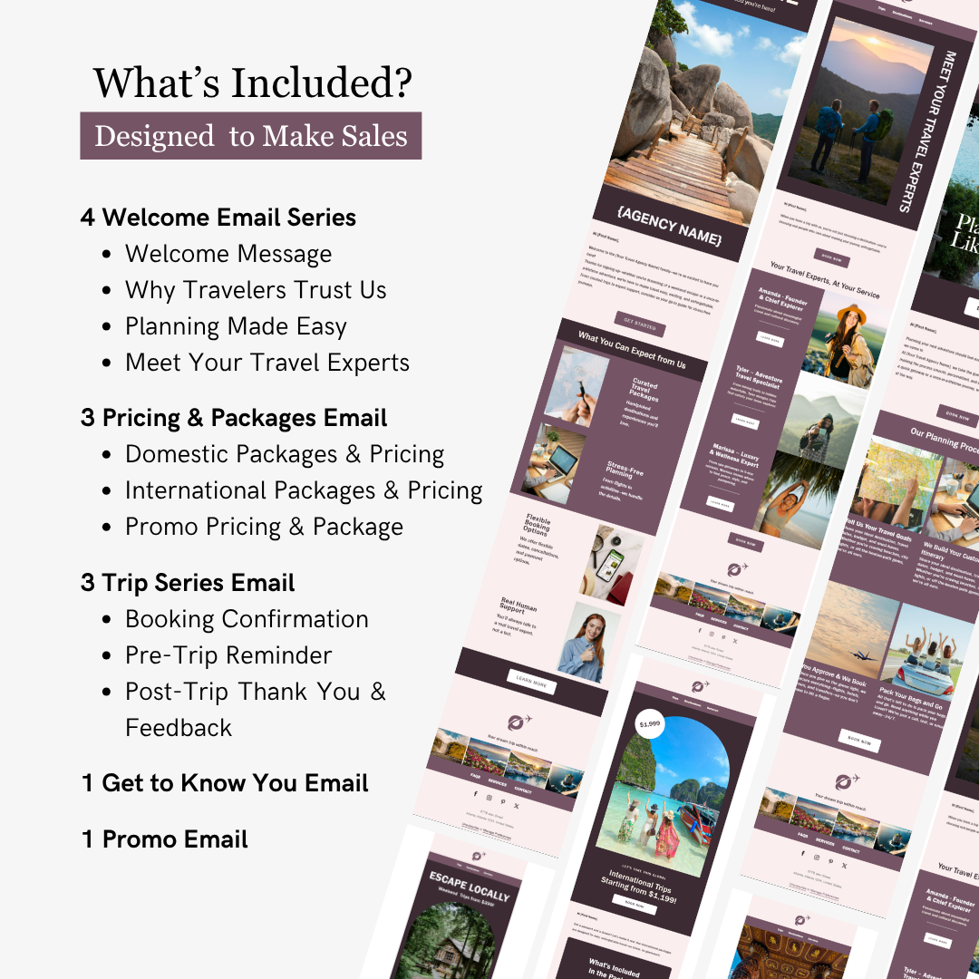 Email marketing campaign for a travel agency with various email templates and features.