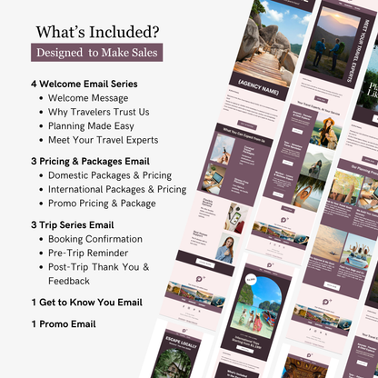 Email marketing campaign for a travel agency with various email templates and features.