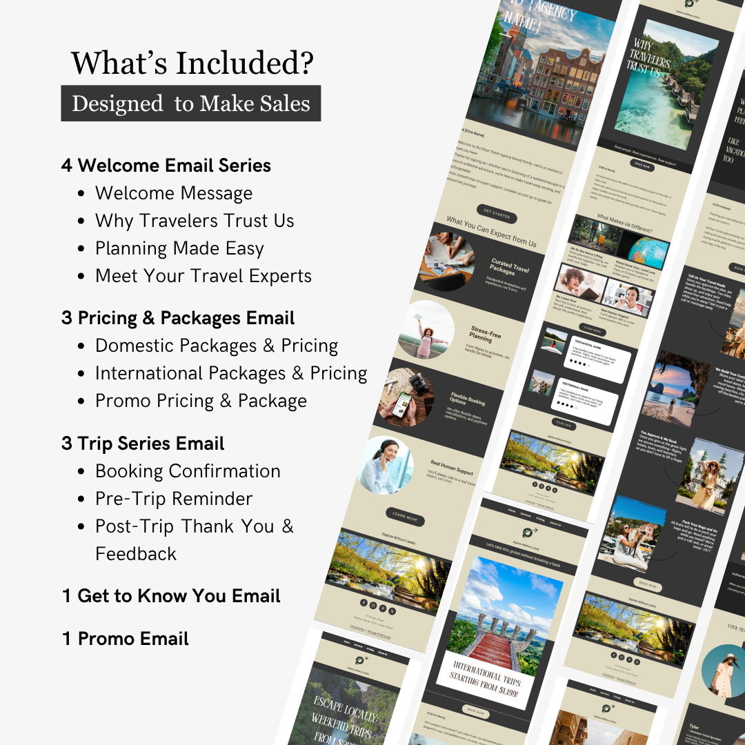 Email marketing campaign for a travel service with various email templates displayed.