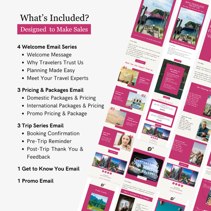 List of email series included in a travel package with images and text on a white background.