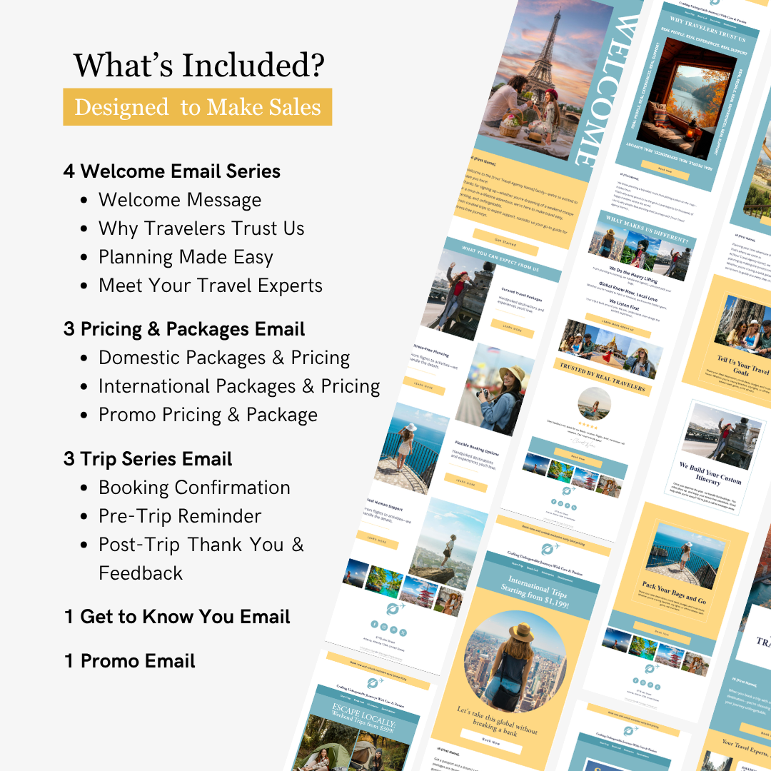 List of included email series for a travel company with visual examples on a white background.