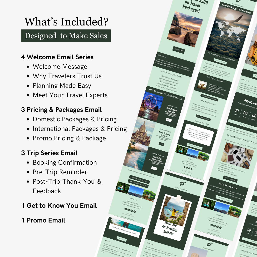 List of included emails for a travel package service with email previews.