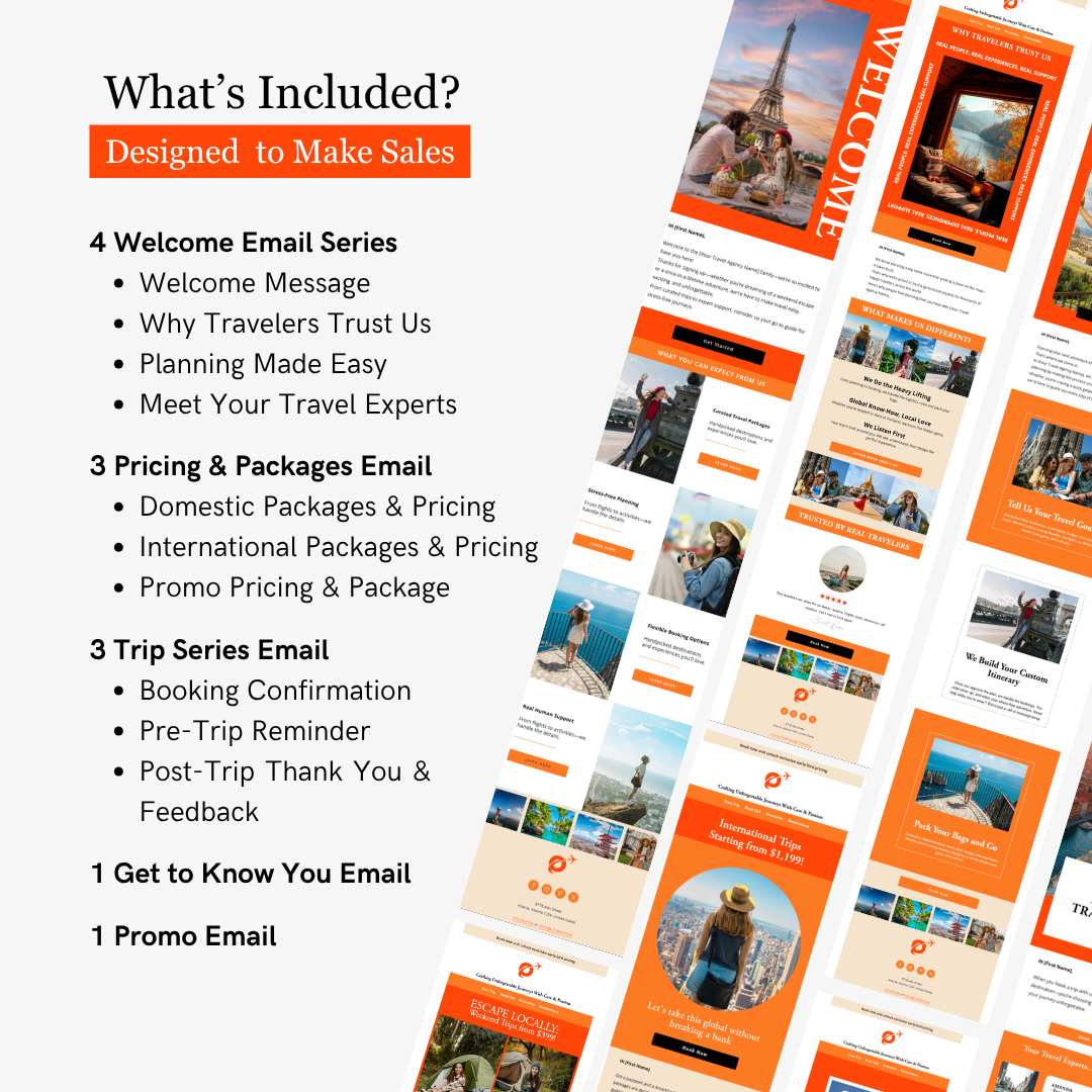 List of included emails for a travel service with visual examples on a white background.