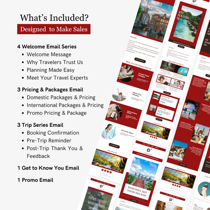 List of email series for a travel company with visual elements on a white background