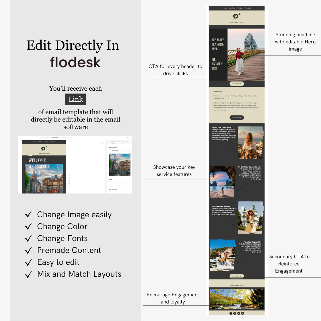 Screenshot of email template design software with features listed on the left and examples on the right.