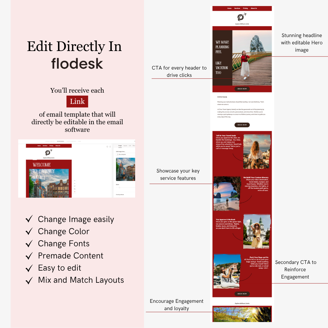 Screenshot of flodesk email template editor with features and examples on a pink background
