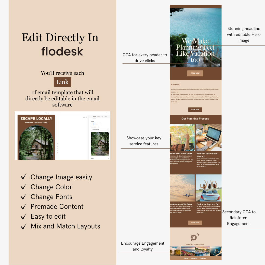 Screenshot of email template design software with features and examples.