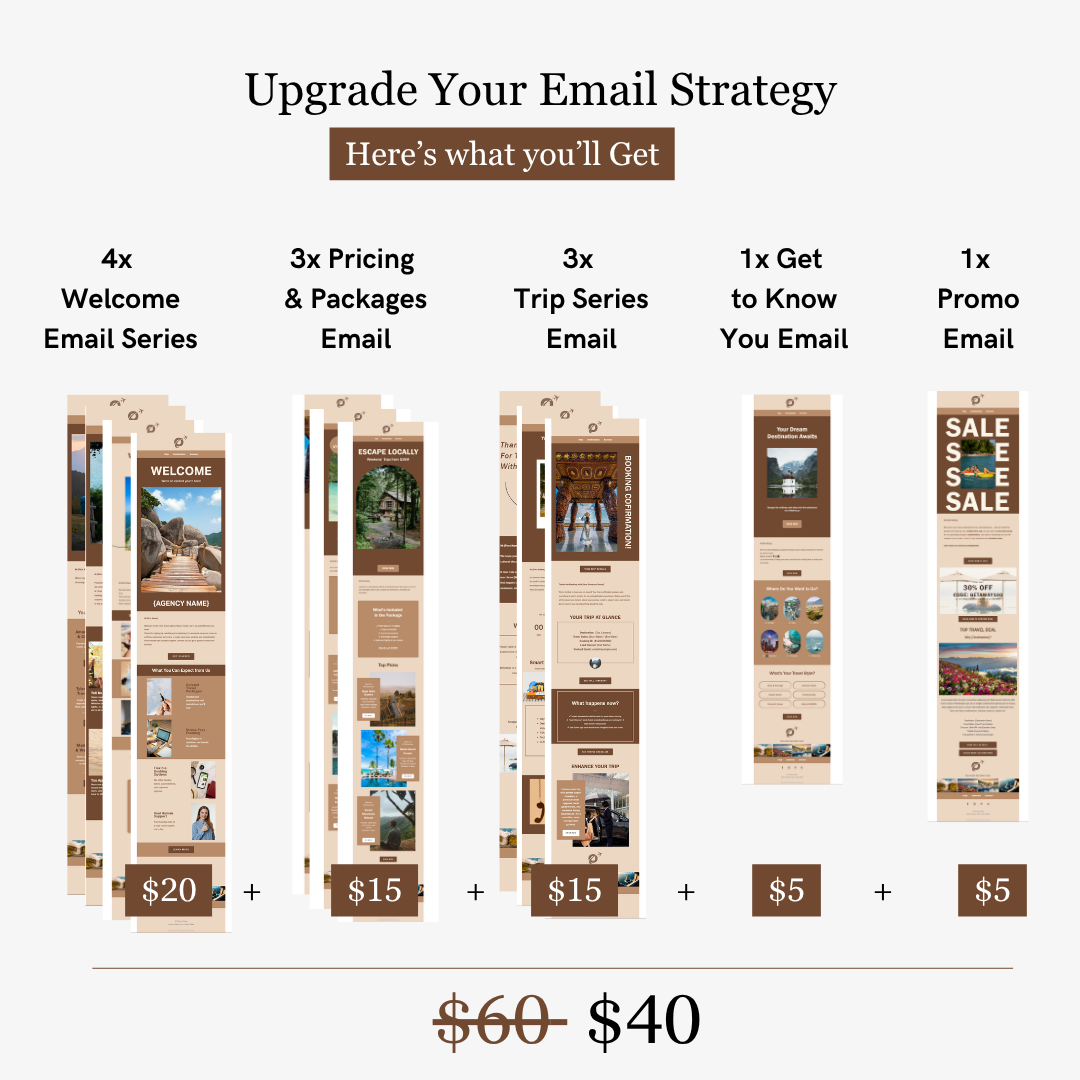 Illustration of email templates with pricing and a summary of benefits on a white background.