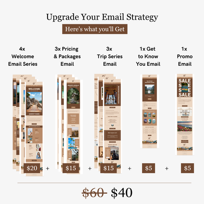 Illustration of email templates with pricing and a summary of benefits on a white background.