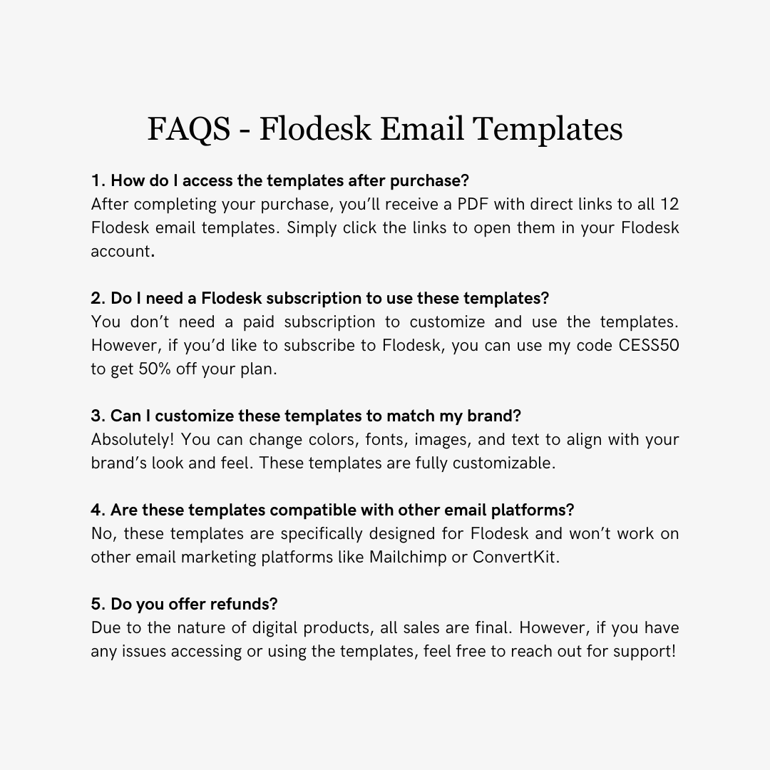 FAQs about Flodesk email templates on a white background