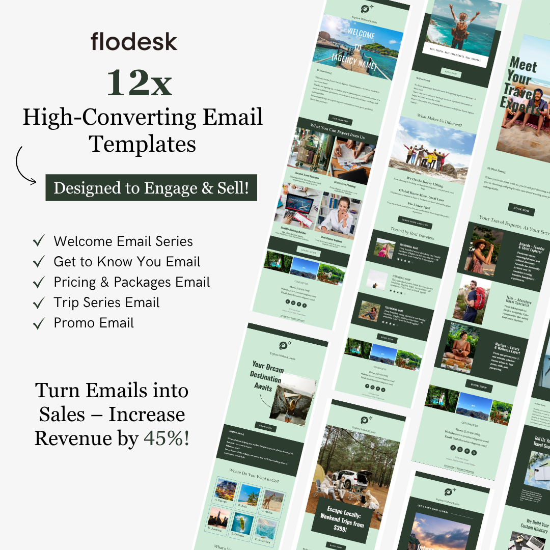 Flodesk 12x high-converting email templates with various images and text on a white background.