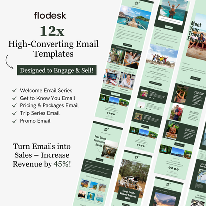 Flodesk 12x high-converting email templates with various images and text on a white background.