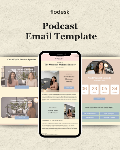 Flodesk Podcast Email Template displayed on a phone screen with a beige background