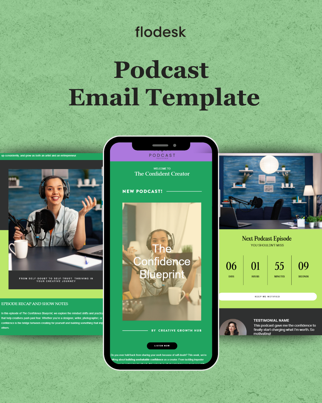 Podcast email template with smartphone, laptop, and podcast studio images on a green background.