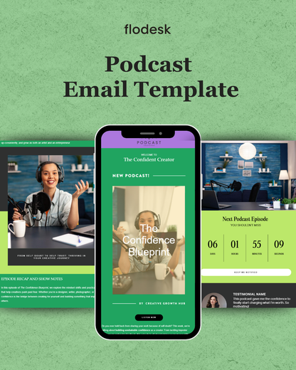 Podcast email template with smartphone, laptop, and podcast studio images on a green background.