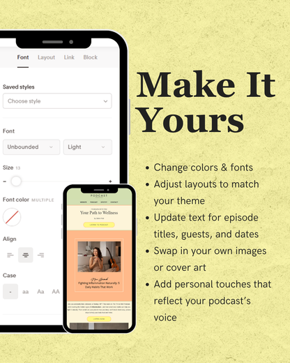 Design interface for podcast episode templates with text 'Make It Yours' on a yellow background.