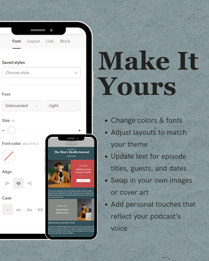 Design interface for podcast episode templates with text 'Make It Yours' on a gray background.