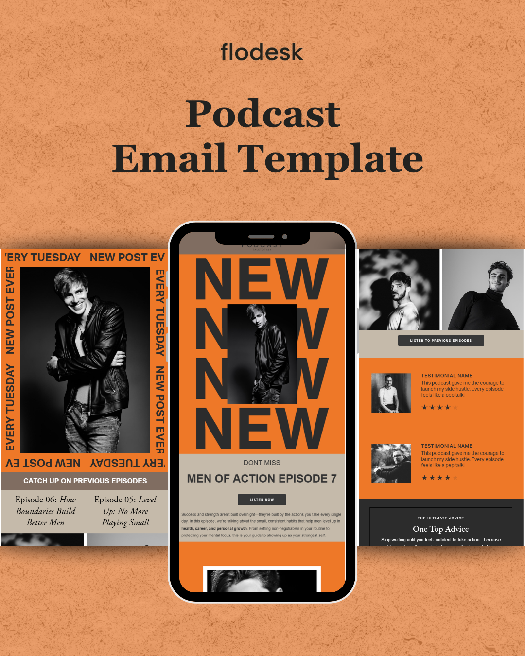 Flodesk Podcast Email Template displayed on a phone screen with a beige background
