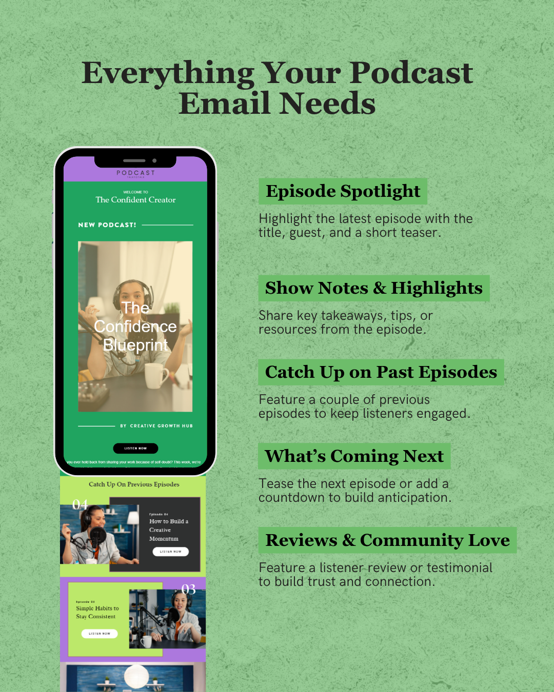 Phone screen displaying a podcast app with text on a green background about podcast email elements.
