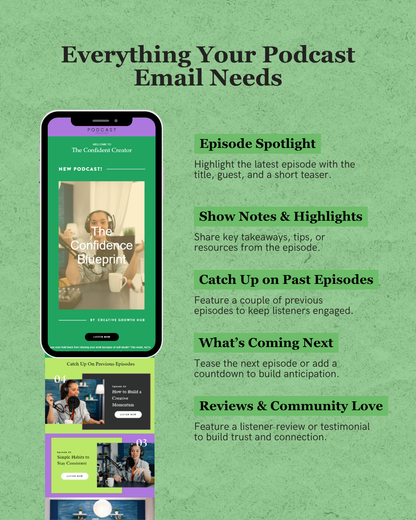 Phone screen displaying a podcast app with text on a green background about podcast email elements.