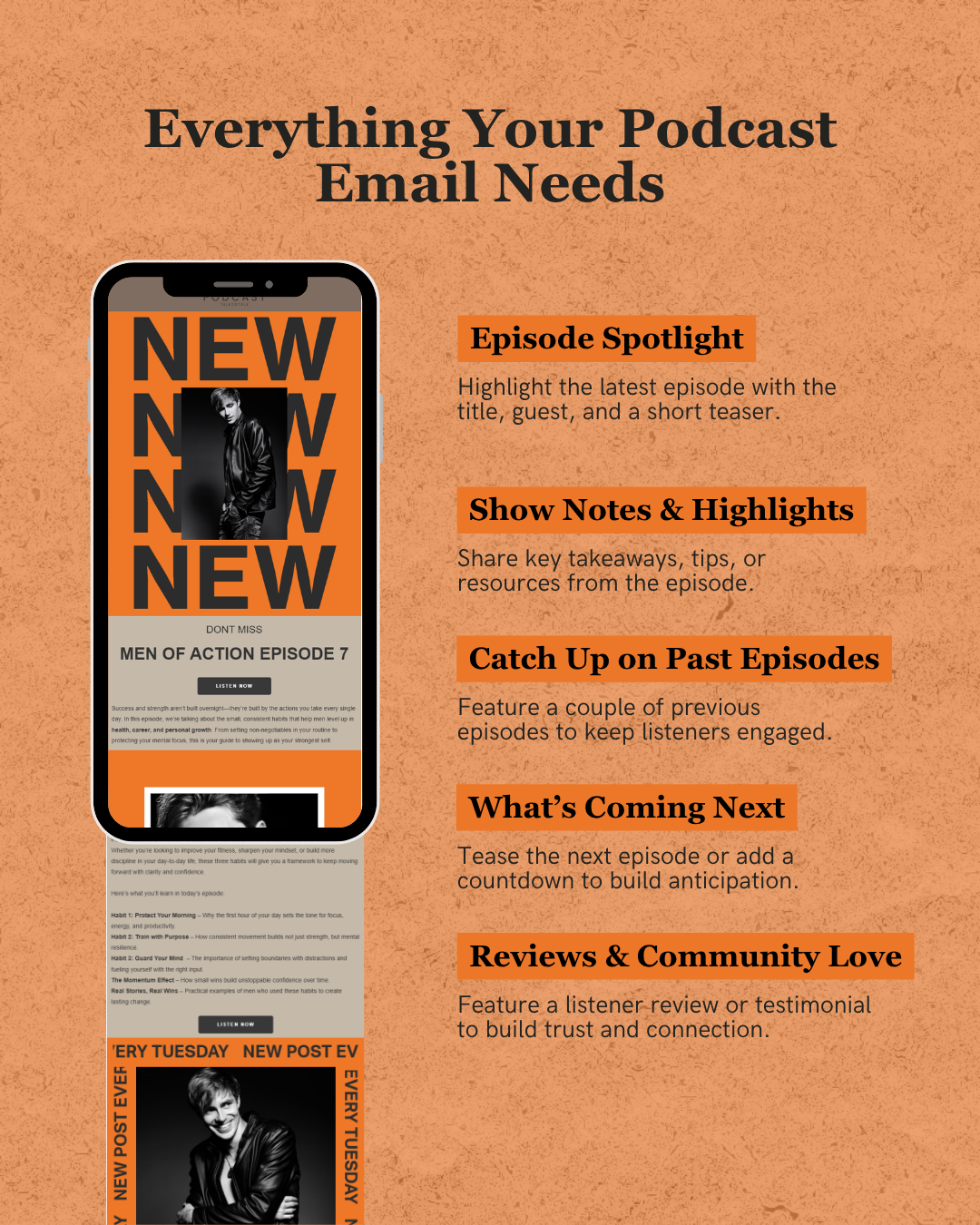Infographic on creating a podcast email with tips and examples.
