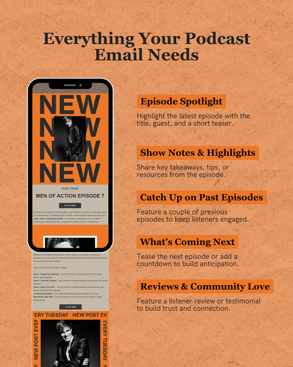 Infographic on creating a podcast email with tips and examples.