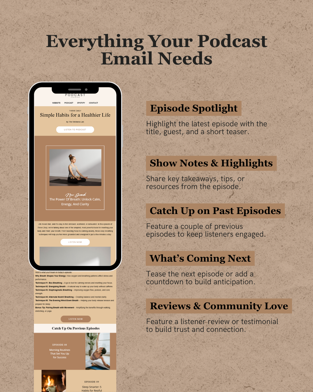 Infographic on a podcast email template with smartphone display and text on a brown background