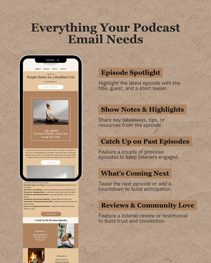 Infographic on a podcast email template with smartphone display and text on a brown background
