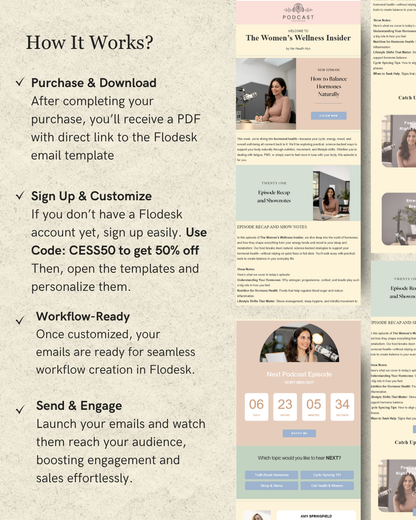 Instructions on how to use a software product with text and images of email templates.