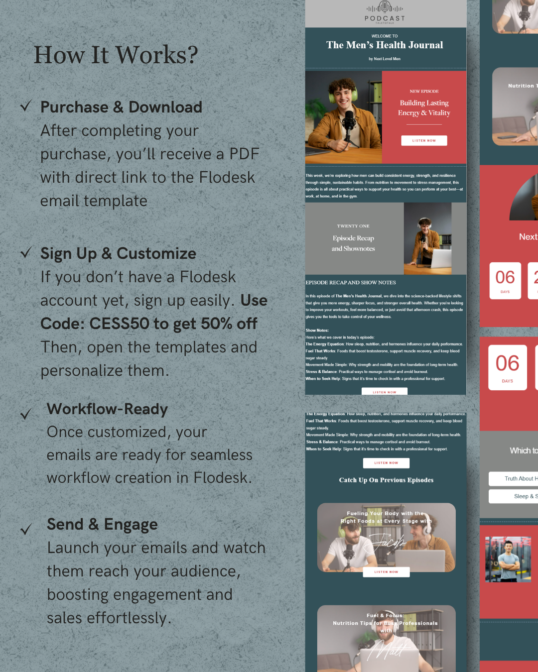 Promotional graphic for a podcast email template service with text and images of a magazine cover and podcast episodes.