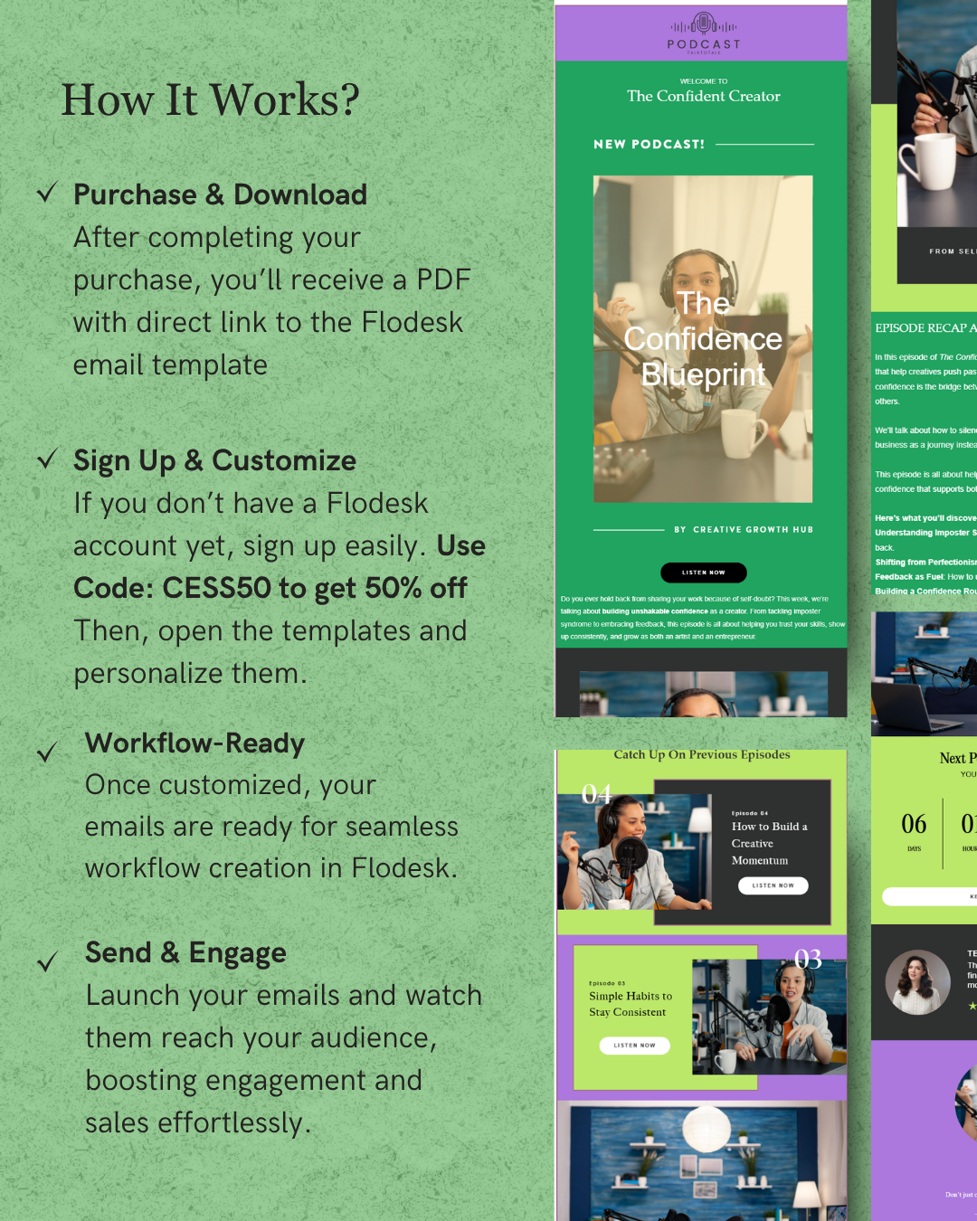 Promotional graphic for a podcast email template service with text and images of people working.