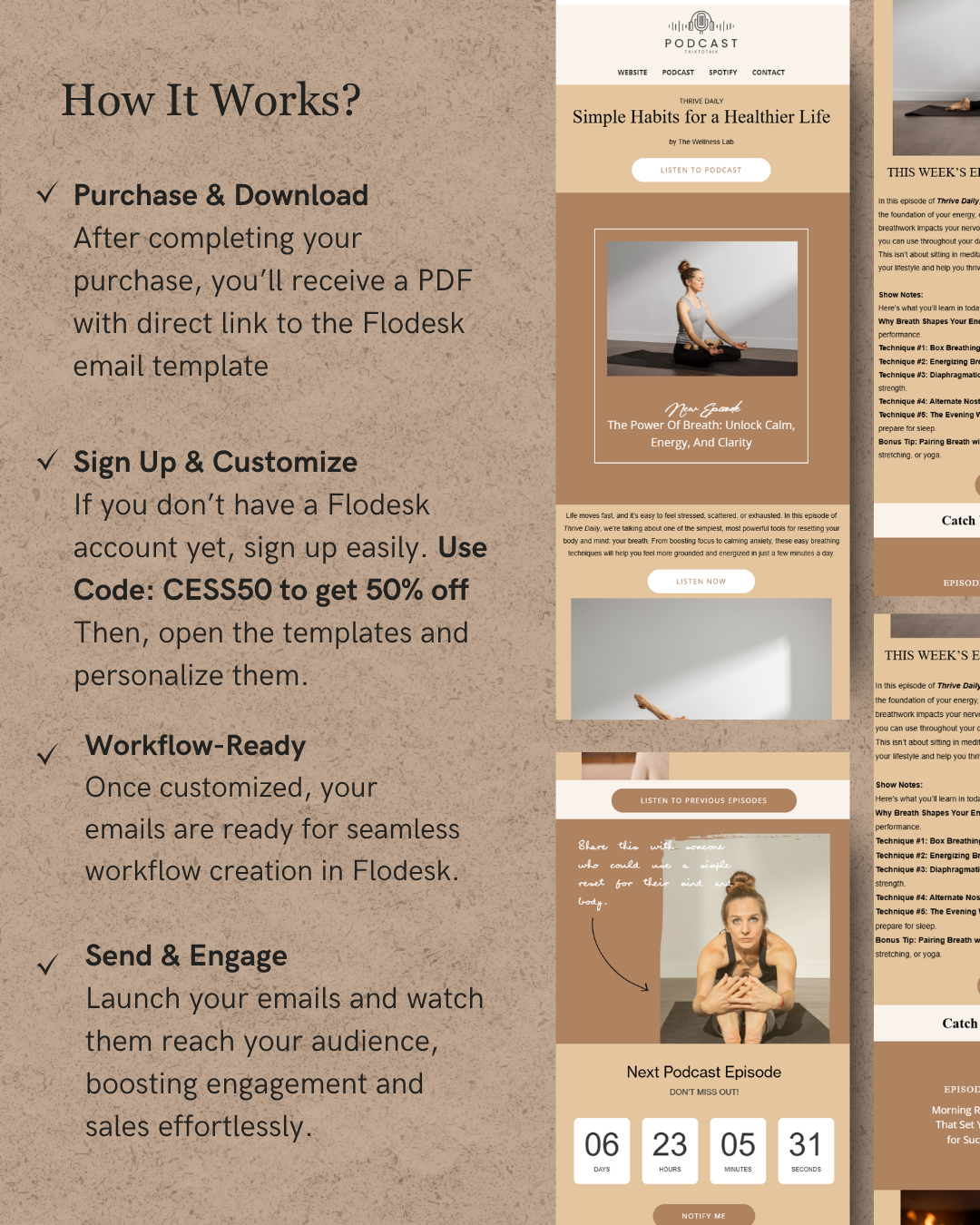 Promotional graphic for a podcast email template service with text and images of a woman and a calendar.