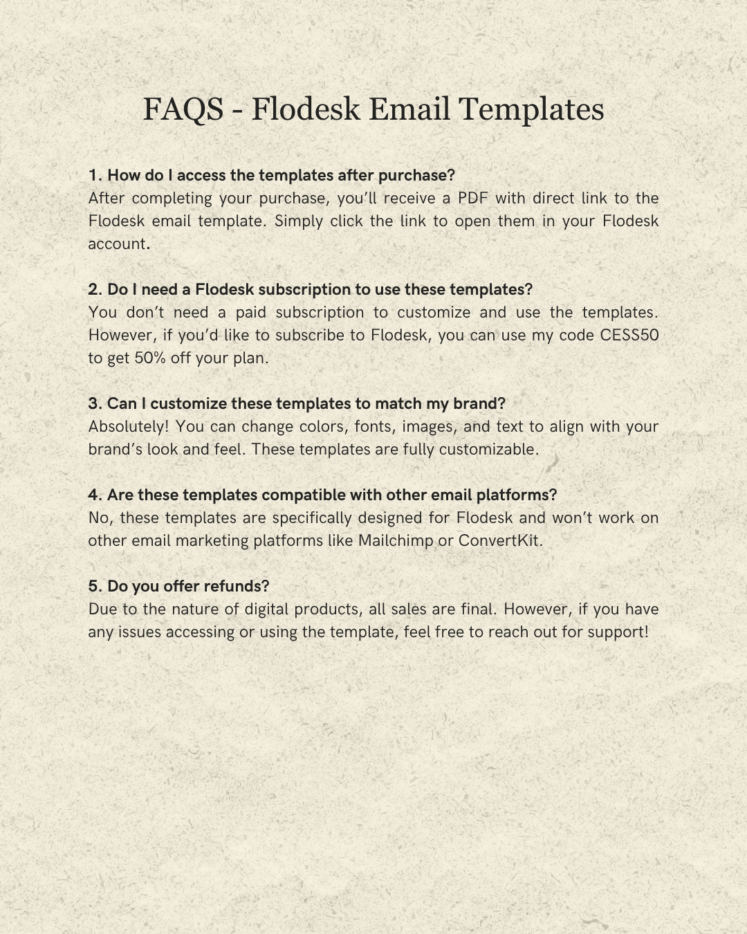 FAQs about Flodesk Email Templates on a textured beige background
