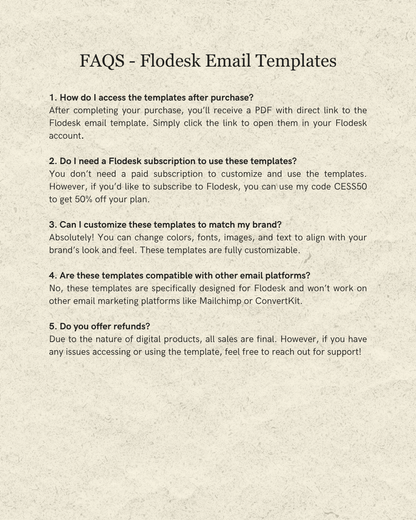 FAQs about Flodesk Email Templates on a textured beige background
