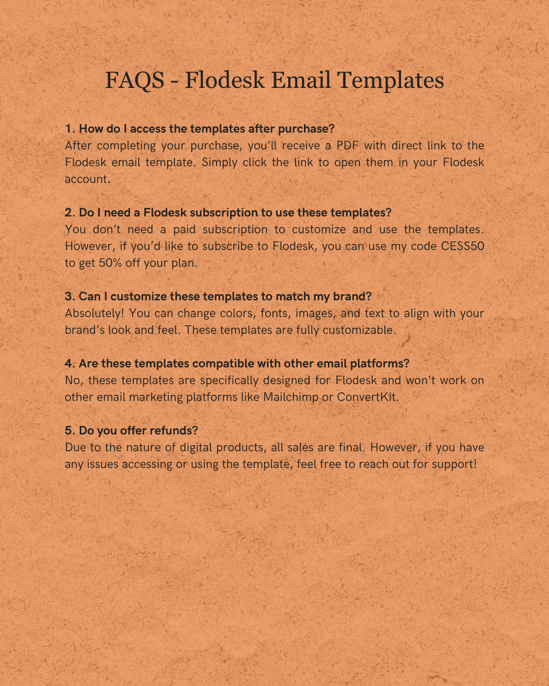 FAQs about Flodesk Email Templates on a textured beige background