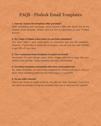 FAQs about Flodesk Email Templates on a textured beige background