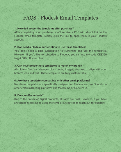 FAQs about Flodesk Email Templates on a green background