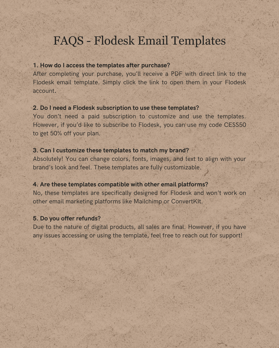 FAQs about Flodesk Email Templates on a brown paper background