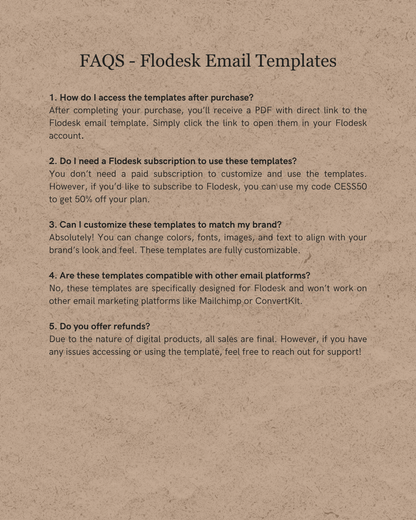 FAQs about Flodesk Email Templates on a brown paper background