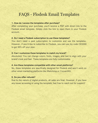 FAQs about Flodesk Email Templates on a yellow background