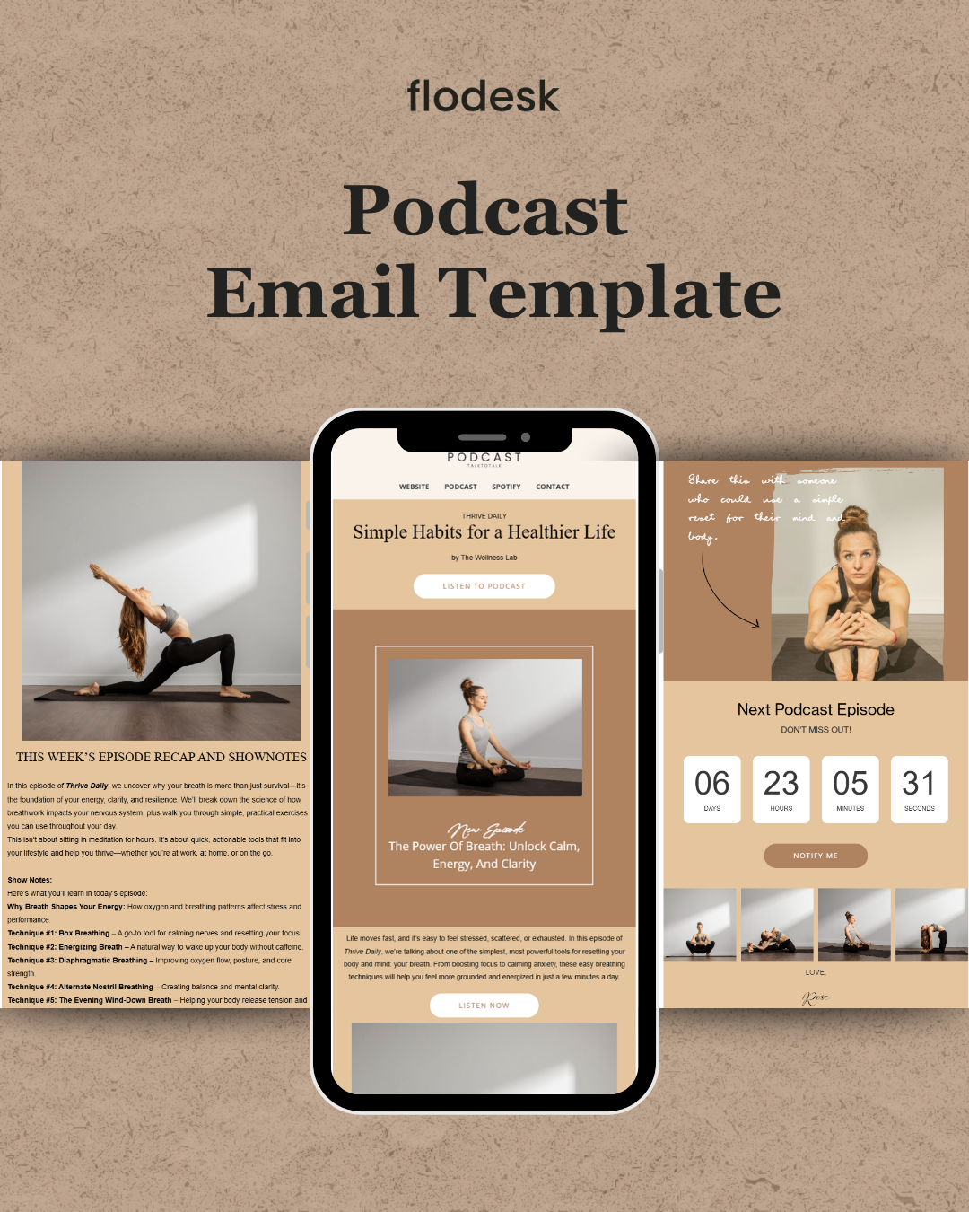 Flodesk Podcast Email Template with smartphone display on a beige background